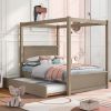 Wood Canopy Bed with Trundle Bed ; Full Size Canopy Platform bed With Support Slats .No Box Spring Needed - Light Brown