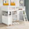 Full size Loft Bed with Drawers and Desk;  Wooden Loft Bed with Shelves - White