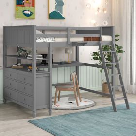 Full size Loft Bed with Drawers and Desk;  Wooden Loft Bed with Shelves - Gray