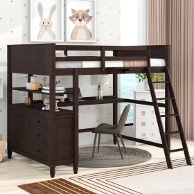 Full size Loft Bed with Drawers and Desk;  Wooden Loft Bed with Shelves - Espresso