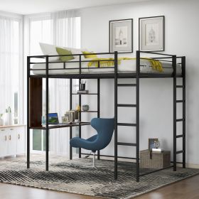 Full Size Metal Loft Bed with 2 Shelves and one Desk - Black