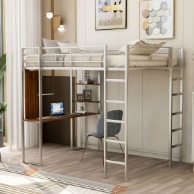 Full Size Metal Loft Bed with 2 Shelves and one Desk - Silver