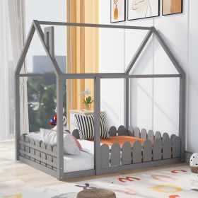 (Slats are not included) Full Size Wood Bed House Bed Frame with Fence;  for Kids;  Teens;  Girls;  Boys - Gray