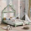 Full Size Wood Platform Bed with House-shaped Headboard  - Green