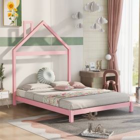 Full Size Wood Platform Bed with House-shaped Headboard  - Pink