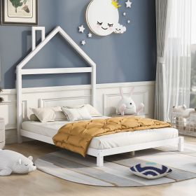 Full Size Wood Platform Bed with House-shaped Headboard  - White