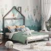 Full Size Wood Platform Bed with House-shaped Headboard  - Gray