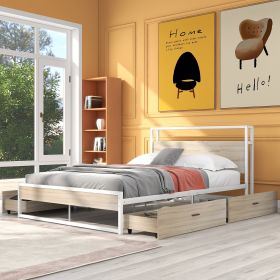 Queen Size Metal Platform Bed Frame with Four Drawers; Sockets and USB Ports ; Slat Support No Box Spring Needed - White