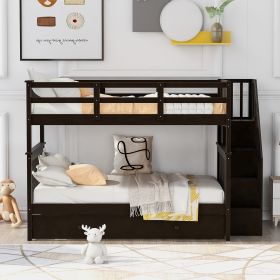 Stairway Full-Over-Full Bunk Bed with Twin size Trundle;  Storage and Guard Rail for Bedroom;  Dorm - Espresso