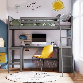 Twin size Loft Bed with Shelves and Desk;  Wooden Loft Bed with Desk - Gray