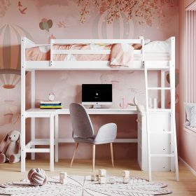 Twin size Loft Bed with Shelves and Desk;  Wooden Loft Bed with Desk - White