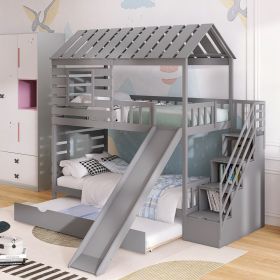 Twin over Twin House Bunk Bed with Trundle and Slide ; Storage Staircase; Roof and Window Design - Gray