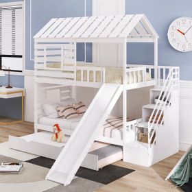 Twin over Twin House Bunk Bed with Trundle and Slide ; Storage Staircase; Roof and Window Design - White