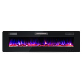 68 Inch Ultra-Thin Electric Fireplace Recessed Wall Mounted with Crystal Log Decoration - black