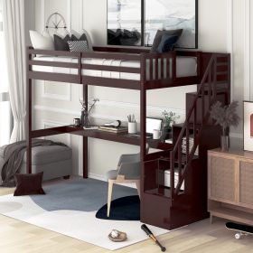 Twin Size Loft Bed with Staircase and Built-in Desk  - Espresso