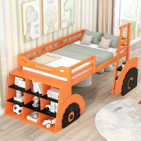 Twin Size Forklift Car-Shaped Loft Bed with Storage Shelves - Orange