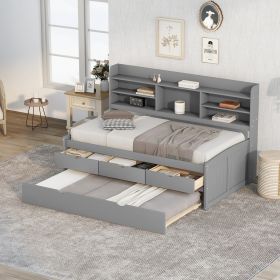 Twin Size Wooden Captain Bed with Built-in Bookshelves; Three Storage Drawers and Trundle - Grey