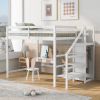 Full Size Loft Bed with Built-in Storage Wardrobe and Staircase - White