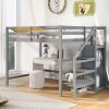 Full Size Loft Bed with Built-in Storage Wardrobe and Staircase - Gray