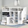 Twin Size Loft Bed with Pullable Desk and Storage Shelves; Staircase and Blackboard - White