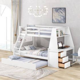 Twin over Full Bunk Bed with Trundle and Built-in Desk;  Three Storage Drawers and Shelf - White