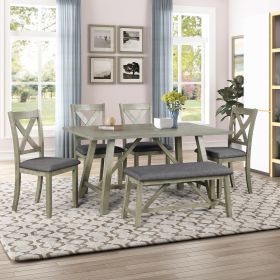 6 Piece Dining Table Set Wood Dining Table and chair Kitchen Table Set with Table;  Bench and 4 Chairs;  Rustic Style; White+Gray - Gray