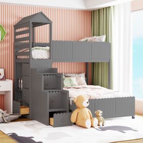 Stairway Twin Over Full Bunk Bed;  House Bed with Two Shelves and Seven Drawers - Gray