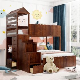 Stairway Twin Over Full Bunk Bed;  House Bed with Two Shelves and Seven Drawers - Walnut