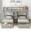 Twin over Twin & Twin Bunk Bed with Two Drawers and Built-in Middle Drawer - Gray