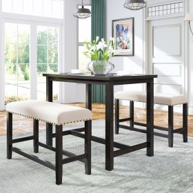 3 Pieces Rustic Wooden Counter Height Dining Table Set with 2 Upholstered Benches for Small Places;  Espresso+ Beige - Beige