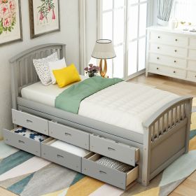 Twin Size Platform Storage Bed Solid Wood Bed with 6 Drawers - Gray