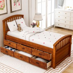 Twin Size Platform Storage Bed Solid Wood Bed with 6 Drawers - Walnut