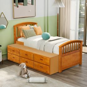 Twin Size Platform Storage Bed Solid Wood Bed with 6 Drawers - Oak