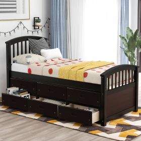 Twin Size Platform Storage Bed Solid Wood Bed with 6 Drawers - Espresso