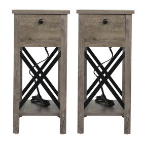 Farmhouse Flip Top End Table with Charge Station;  X-Shaped Profile Narrow Side Table with Drawer for Office;  Bedroom;  Living Room;  Gray - 2 piece