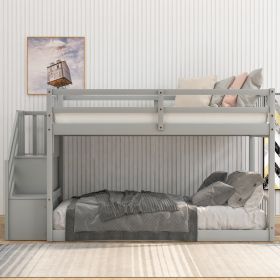 Twin over Twin Floor Bunk Bed;  Ladder with Storage - Gray