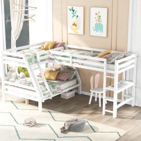 L-Shaped Twin over Full Bunk Bed and Twin Size Loft Bed with Built-in Desk - White