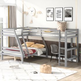 L-Shaped Twin over Full Bunk Bed and Twin Size Loft Bed with Built-in Desk - Gray