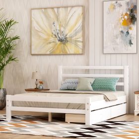 Wood platform bed with two drawers, - White