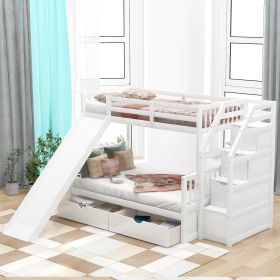 Twin over Full Bunk Bed with Drawers,Storage and Slide, Multifunction, White - White