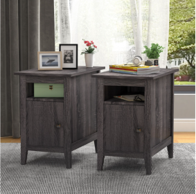 Set of 2 Wood Side Table, Narrow End Table with Cabinet and Shelf, 2-Tier Nightstand for Small Space - Cement ash