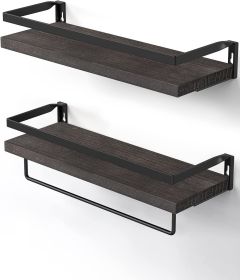 Floating bathroom shelf with towel rail; bathroom/living/kitchen/bedroom wall shelf set of 2; light brown; dark brown; black. - Dark Brown