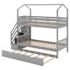 Multifunctional Twin over Twin House Bunk Bed with Staircase and Storage Space - Gray