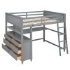 Full size Loft Bed with Drawers and Desk;  Wooden Loft Bed with Shelves - Gray