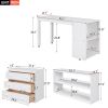 Low Study Full Loft Bed with Cabinet ; Shelves and Rolling Portable Desk ; Multiple Functions Bed - White