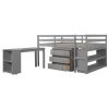 Low Study Full Loft Bed with Cabinet ; Shelves and Rolling Portable Desk ; Multiple Functions Bed - Gray