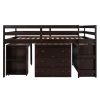 Low Study Full Loft Bed with Cabinet ; Shelves and Rolling Portable Desk ; Multiple Functions Bed - Espresso