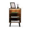 Wood Modern Nightstand with 3-Color LED Lights;  Bedside Table with Open Glass Shelves;  for Bedroom Furniture Living Room;  Red Brown - 2 pcs