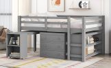 Low Study Full Loft Bed with Cabinet ; Shelves and Rolling Portable Desk ; Multiple Functions Bed - Gray