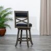 24" Counter Height X-Back Swivel Stool; Weathered Gray Finish; Black Leather Seat - as Pic